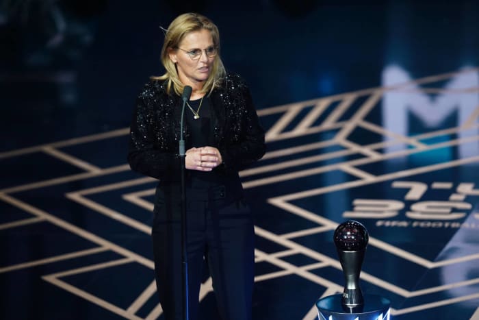 England manager Sarina Wiegman pictured delivering a speech after being named The Best FIFA Women's Coach for 2023